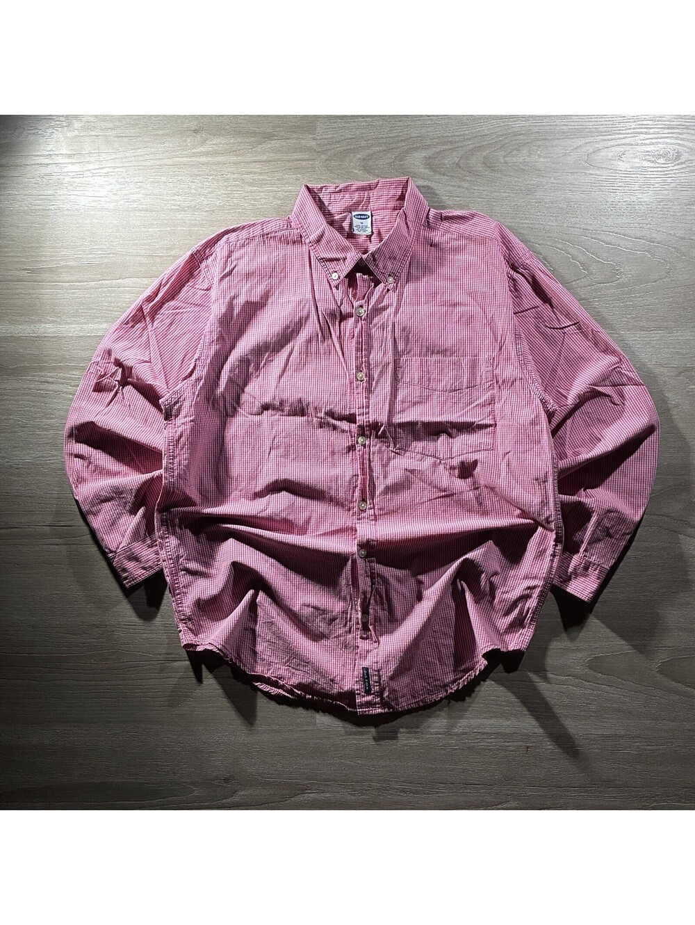 Vintage 2000s Old Navy Mens M Pink White Gingham Check Long Sleeve Button Down